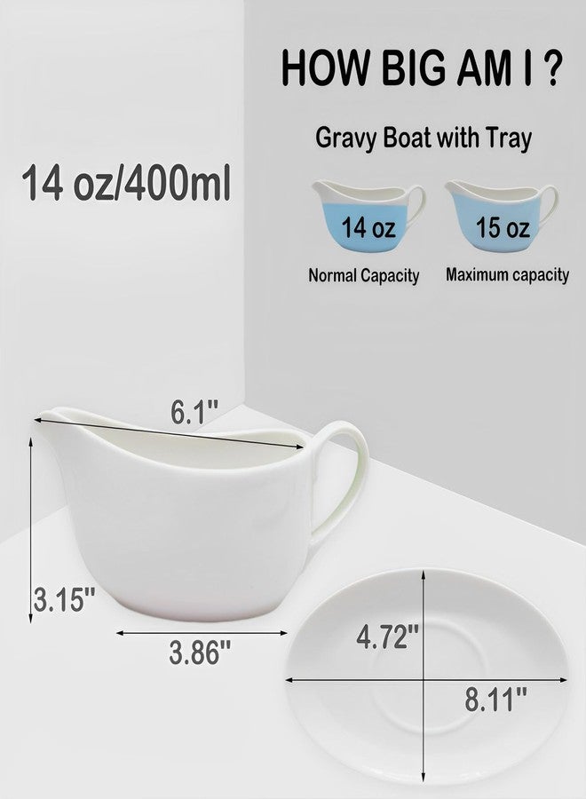 Nexboraque 14 oz Gravy Boat with Tray, Ceramic Sauce Boat with Ergonomic Handle and Dripless Lip Spout for Salad Dressings, Creamer, Broth, Black Pepper, White - Image 2